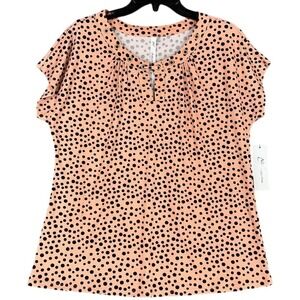 NY Collection Shirt Salmon Blouse‎ Black Polka Dots Fitted Business Womens L